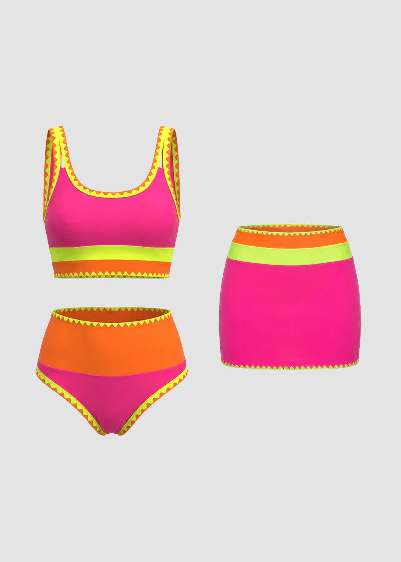 🏖️Offre spéciale 50 % de réduction🌼Ensemble de bikini sportif 3 pièces en nylon patchwork color block - Maillot de bain taille haute et contrôle du ventre👙🌈