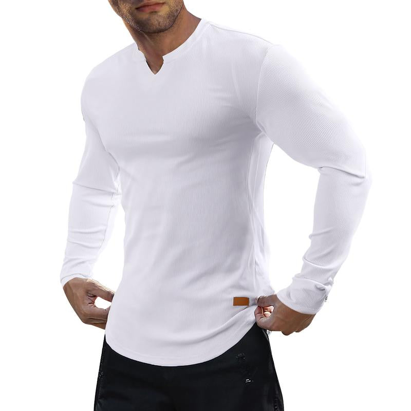 👕Haut côtelé à manches longues à col en V pour homme, pour l’entraînement, le fitness et le sport🛍️