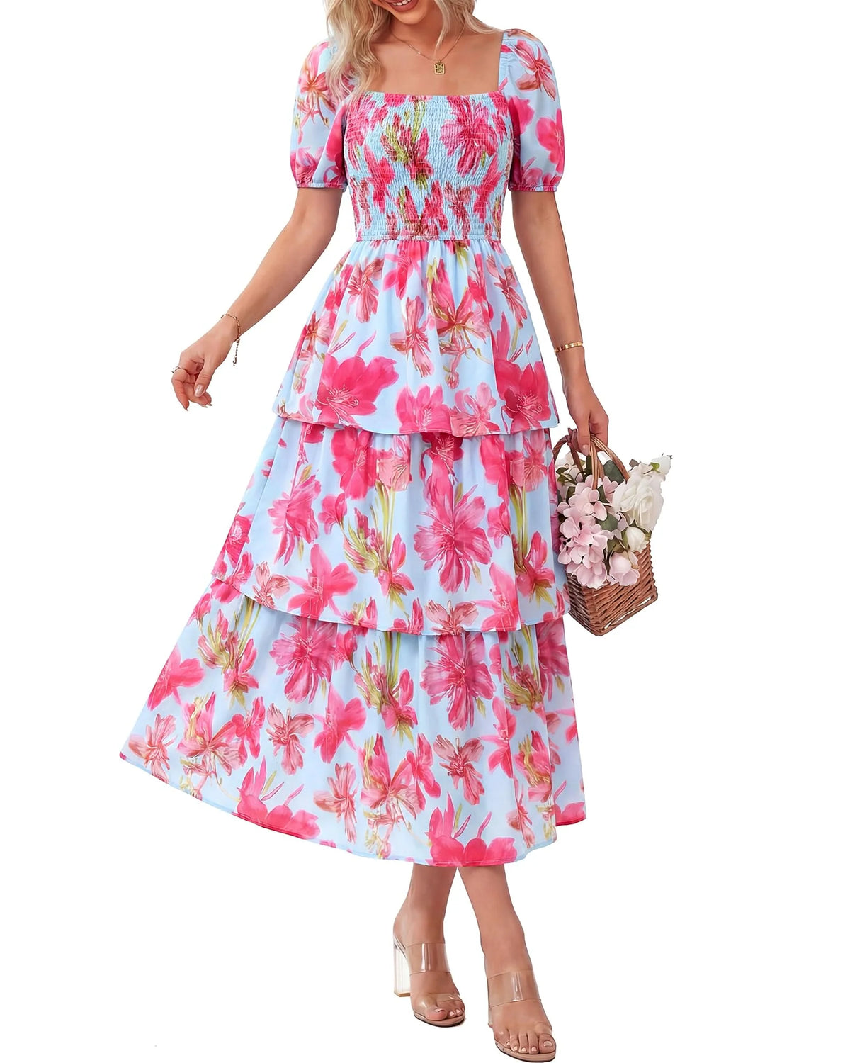 🔥Dernier jour de soldes : 50 % de réduction🔥Robe longue en mousseline à volants et imprimé floral pour femme - Manches courtes et encolure carrée