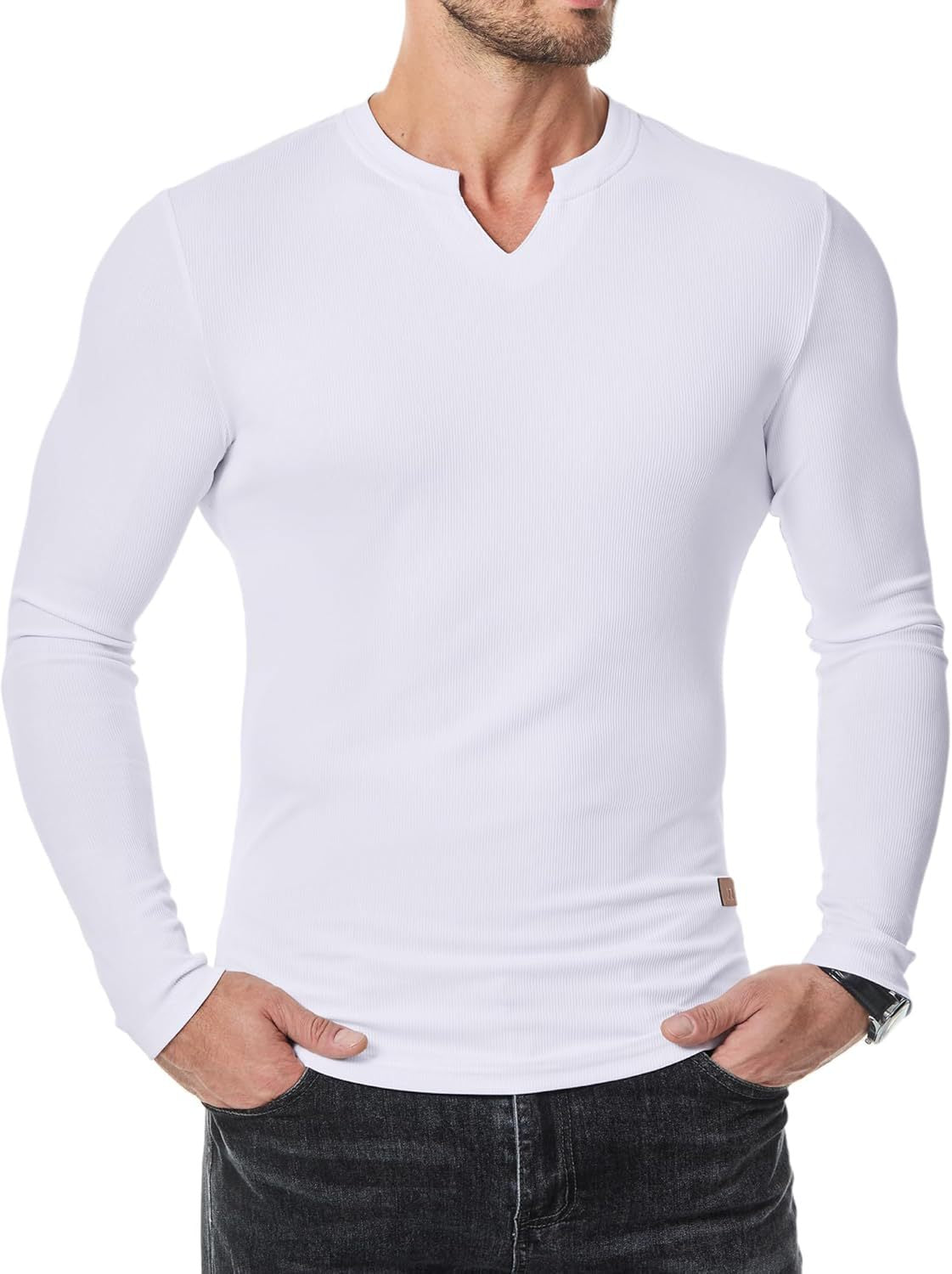 👕Haut côtelé à manches longues à col en V pour homme, pour l’entraînement, le fitness et le sport🛍️