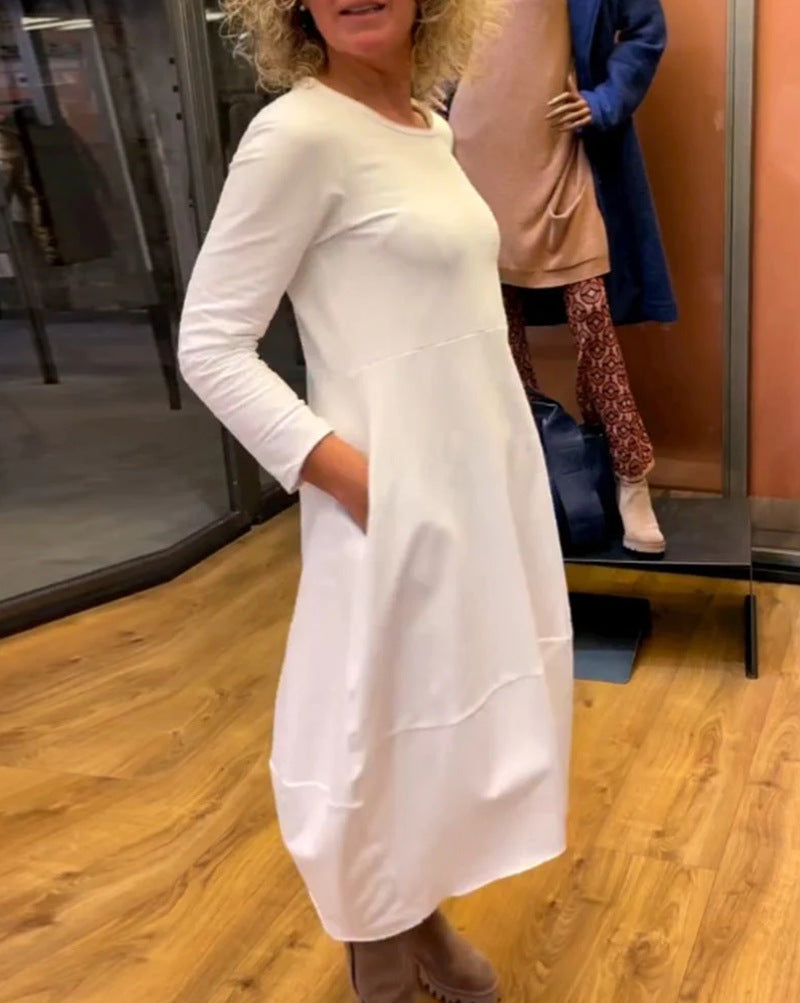 ✨️50% de réduction✨️Robe à manches longues et col rond de couleur unie