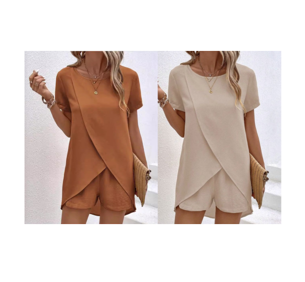 Ensemble deux pièces pour femme composé d'un haut asymétrique et d'un short, couleur unie