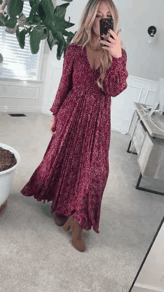 🎅49 % de réduction 💃 Robe longue doublée à taille smockée en rayonne à fleurs pour femme