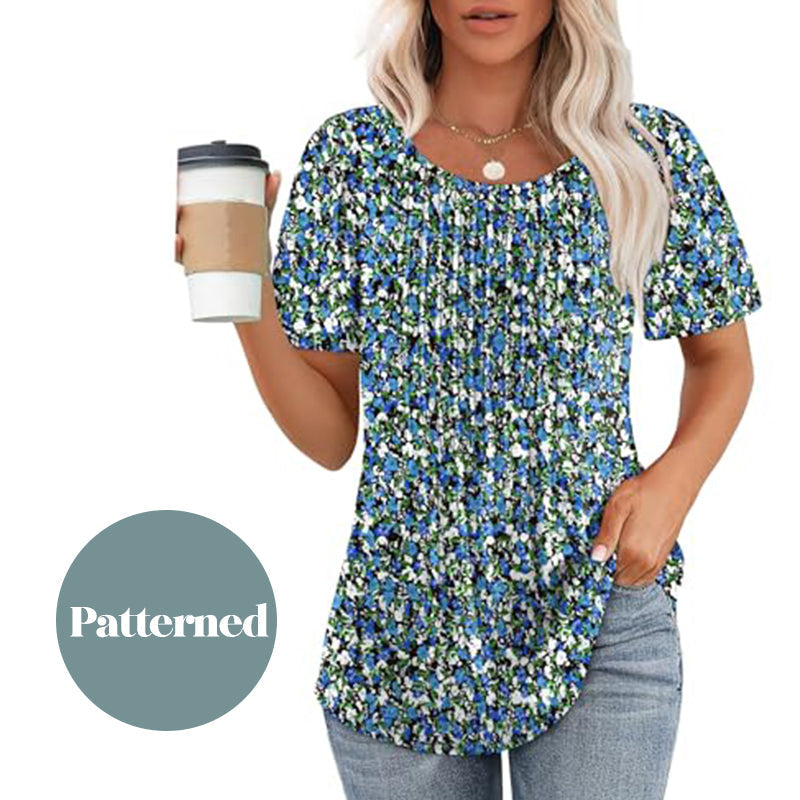 T-shirt plissé d'été à col rond et manches courtes pour femmes