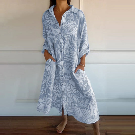 Robe à chemise longue boutonnée à imprimé botanique décontractée pour femmes