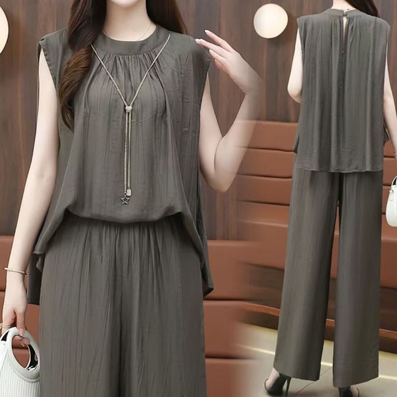 Ensemble 2 pièces fluide et chic pour femme avec haut sans manches et pantalon à jambes larges