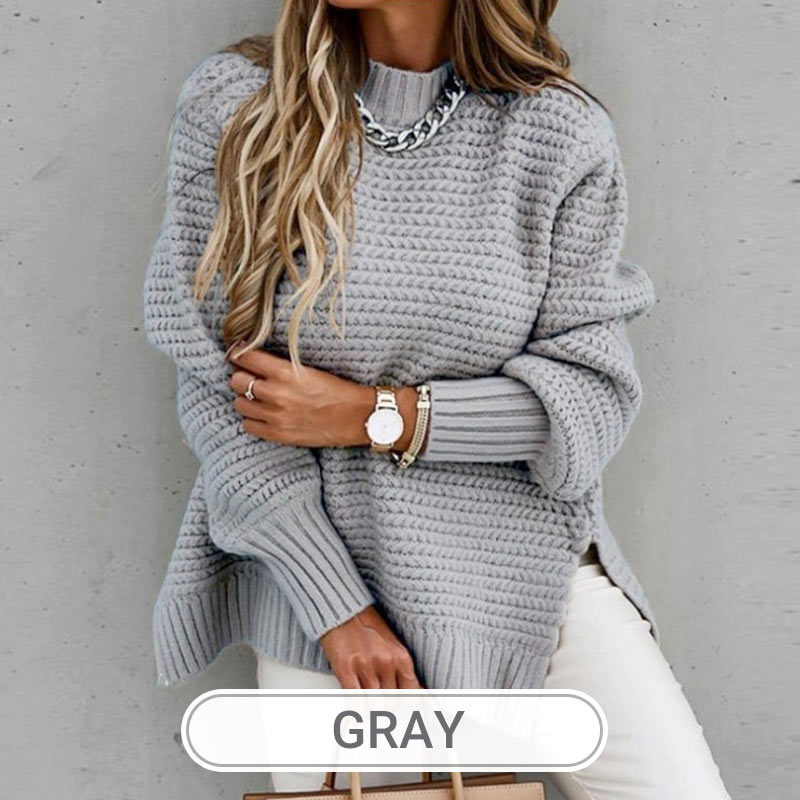 Pull en Tricot de Couleur Unie avec Fentes Latérales et Col Rond