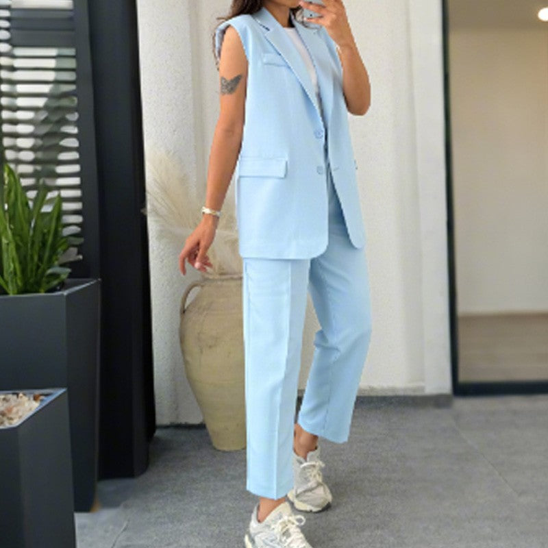 💖 Blazer élégant sans manches et pantalon à taille haute pour femmes