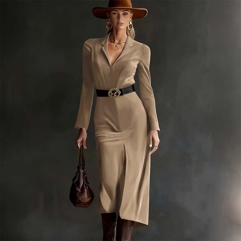 Robe moulante à manches longues et encolure en V pour femme