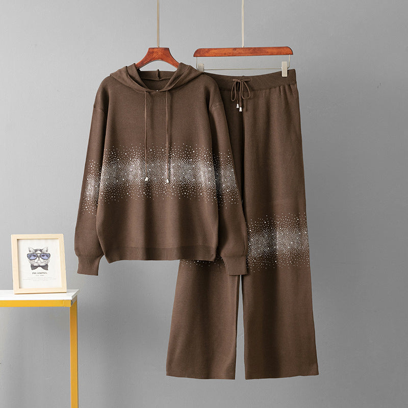 Ensemble sweat à capuche et pantalon large pour femme, orné de strass