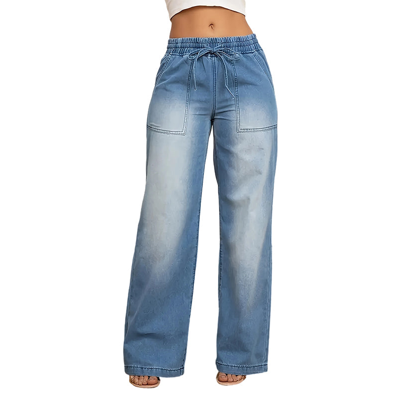 Jean denim à taille élastiquée et jambes larges pour femme