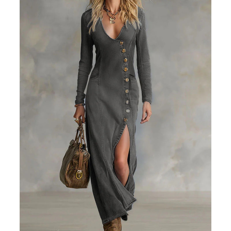 📢📢50% DE RÉDUCTION !! ⏰ Robe Longue à Manches Longues et Col en V pour Femme – Tissu Doux, Coupe Élégante & Silhouette Maxi Fluide 👗💃