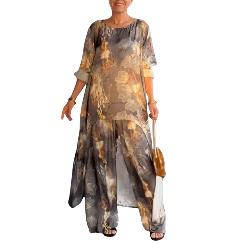 Ensemble tunique asymétrique et pantalon à imprimé floral pour femme