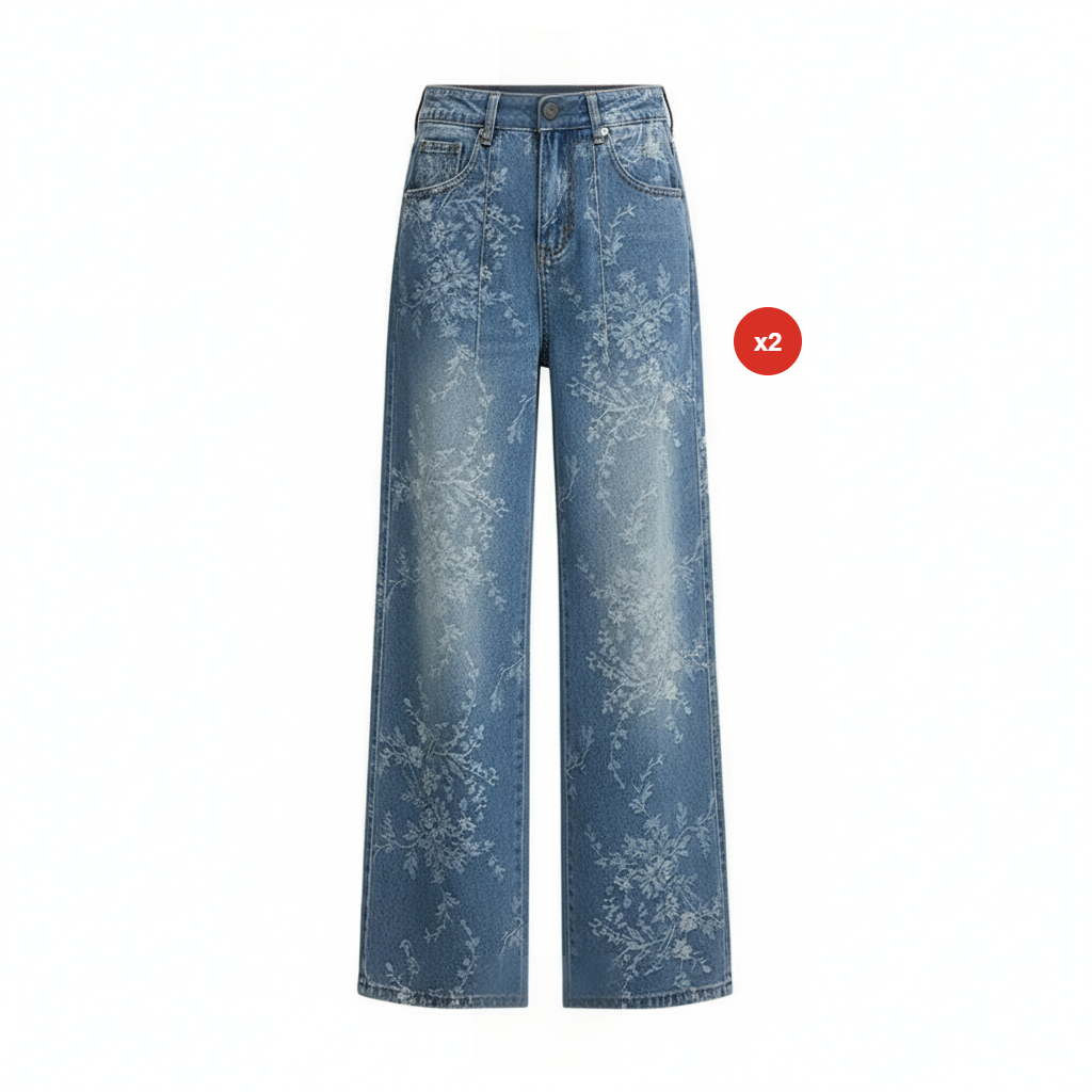 Pantalon en jean à jambes larges et motif jacquard floral pour femm