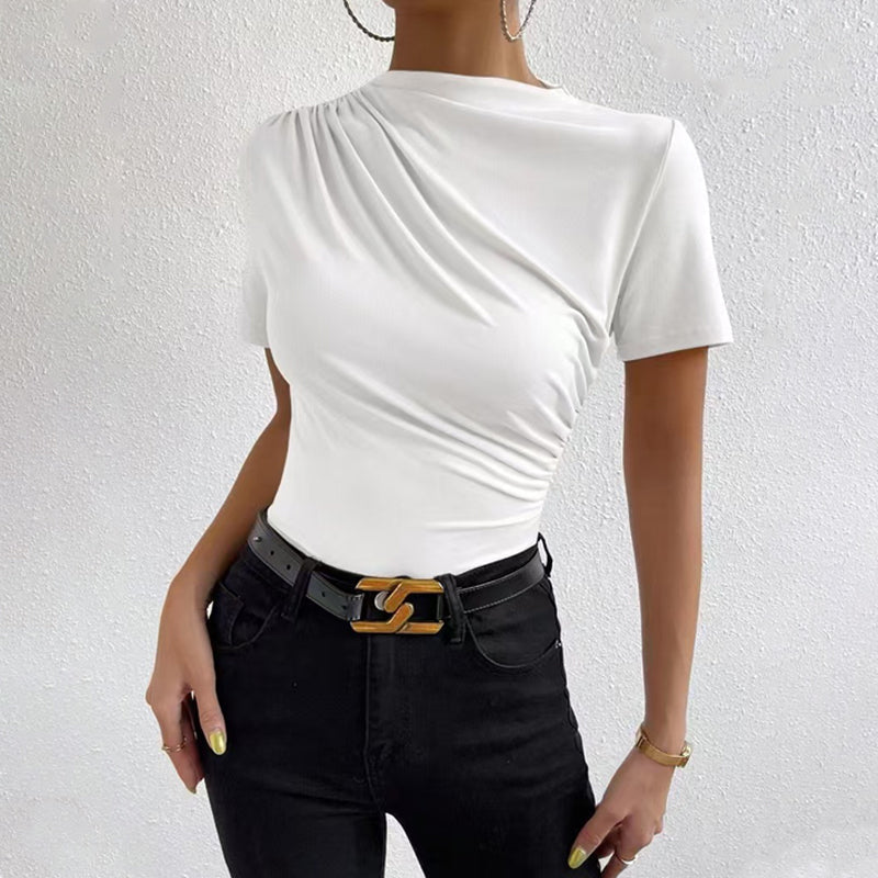 T-shirt à col montant froncé et manches courtes pour femme