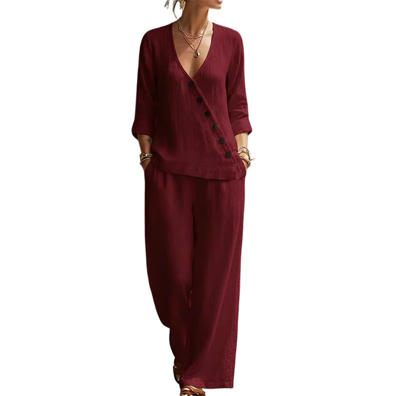 Women's V-Neck Asymmetrical Button Linen Two-Piece Set
