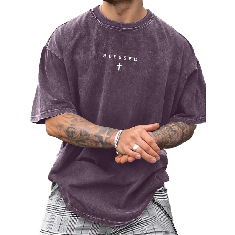 👕✝️ -50 % T-shirt vintage homme avec imprimé croix et lettres – Décontracté, expressif et avec une touche personnelle ✨