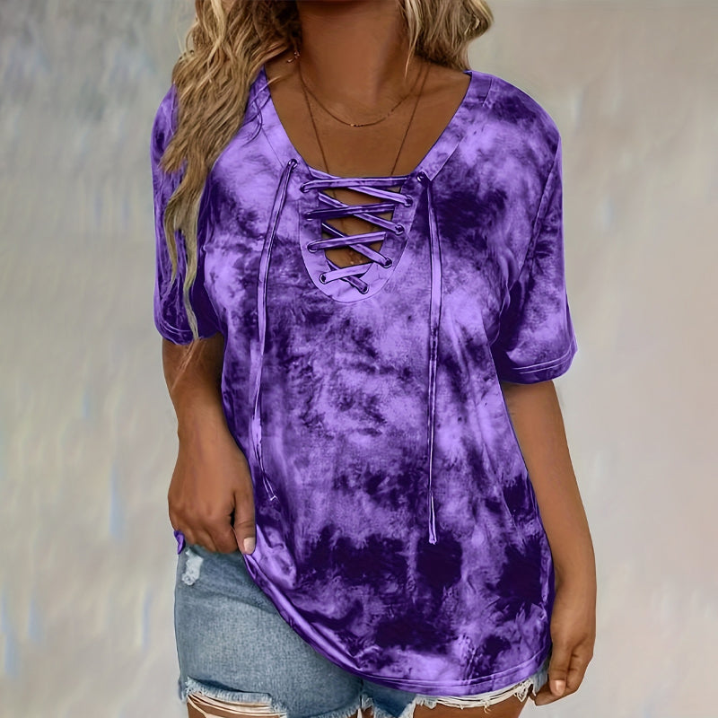 🔥T-shirt à col en V et lacets pour femme, effet tie-dye✈️