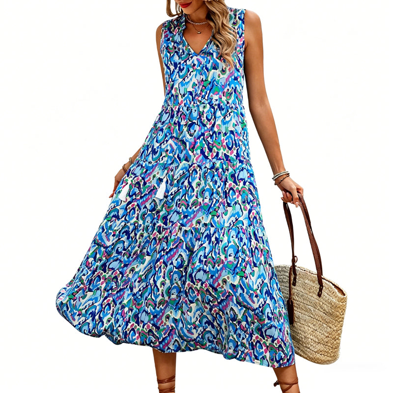 👗 50 % DE RÉDUCTION EN CE MOMENT ! 🌸 Robe midi à volants sans manches pour femme, imprimé abstrait – Coupe fluide, motif unique, idéale pour la plage, un brunch ou une sortie ☀️
