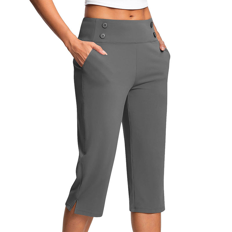 🧘♀️👖 PROMO FLASH 50% ! Pantalon de Yoga Capri Amincissant – Tissu Ultra-Doux 4-Way Stretch, Poche Latérale, Effet Galbant Ventre, Boutons Décoratifs, 6 Couleurs 🌬️