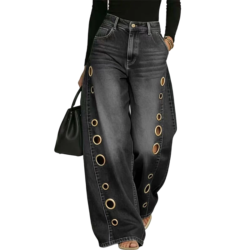🌸 -50% SUR UNE SÉLECTION ! Jean Femme Œillets Jambes Larges – Doux, Aéré & Tendance avec Ceinture 🔘✨ 【Offre Limitée】