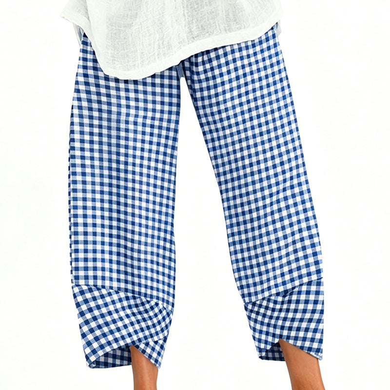 Pantalon décontracté à carreaux et patchwork pour femme, longueur cheville