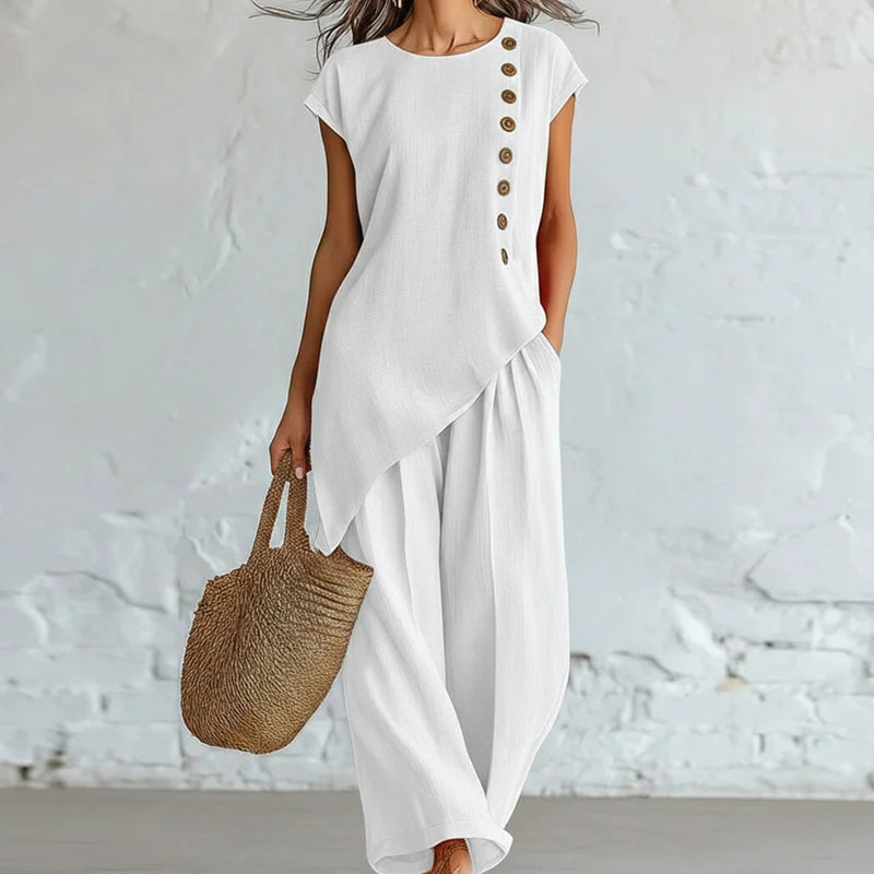 Ensemble 2 pièces pour femme : haut à ourlet asymétrique et pantalon
