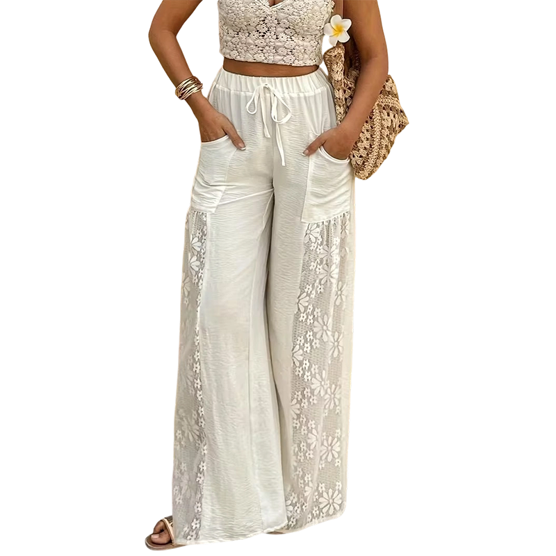 🔥-50% 👖 Pantalon Femme Fluide en Dentelle avec Cordon de Serrage 🌿taille haute cordon et coupe ample pour le quotidien