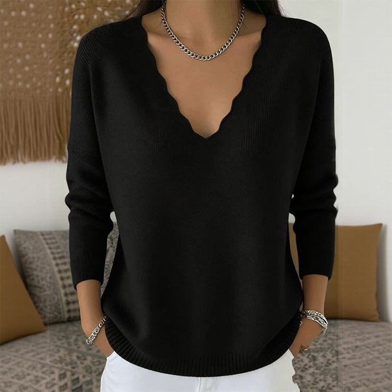 Pull en maille pour femme, col V bordé de festons