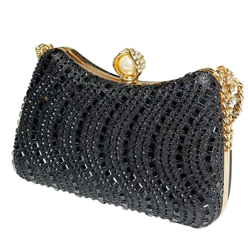 💎💋 -50% ! 👗Pochette de Soirée Élégante à Fermoir Perle – PU – Strass Haute Densité & Chaîne Amovible – 3-en-1 Main/Épaule pour Mariages et Galas