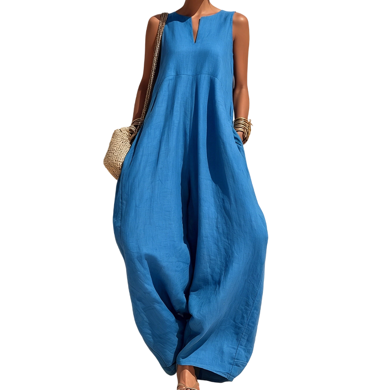 📢📢-50% ! 🍃 Combinaison Femme Sans Manches Col V Jambe Large avec Poches🤍✨