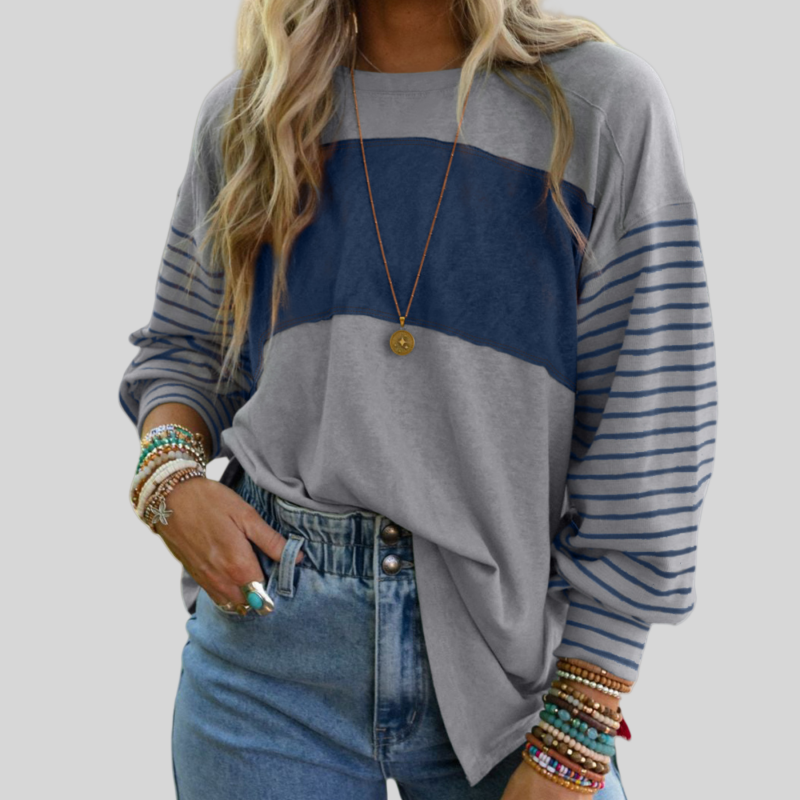 T-shirt à manches longues rayé color-block tendance pour femmes