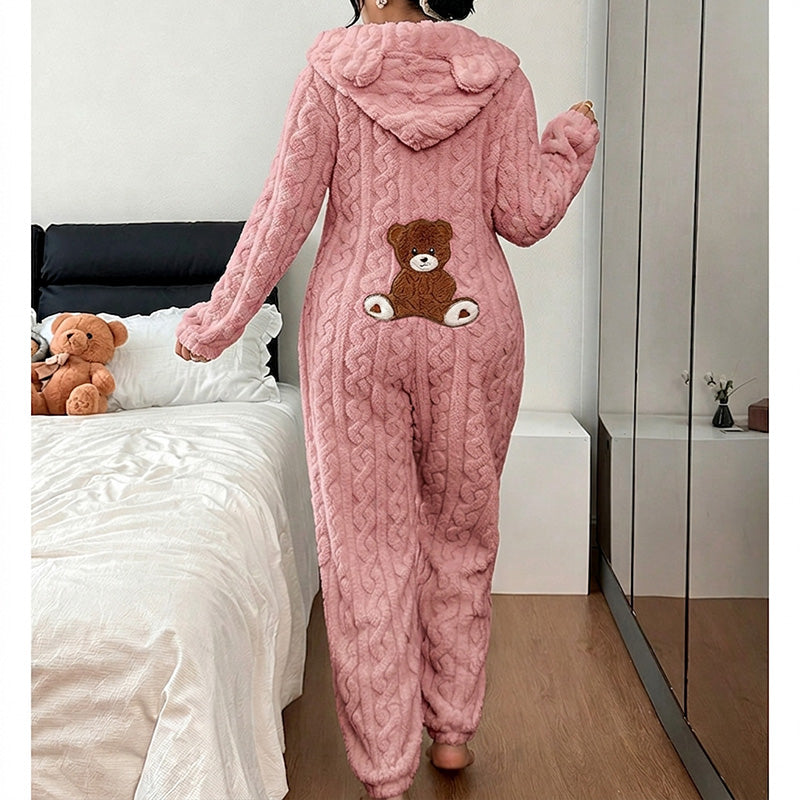Pyjama une-pièce à capuche motif ours mignon pour femme