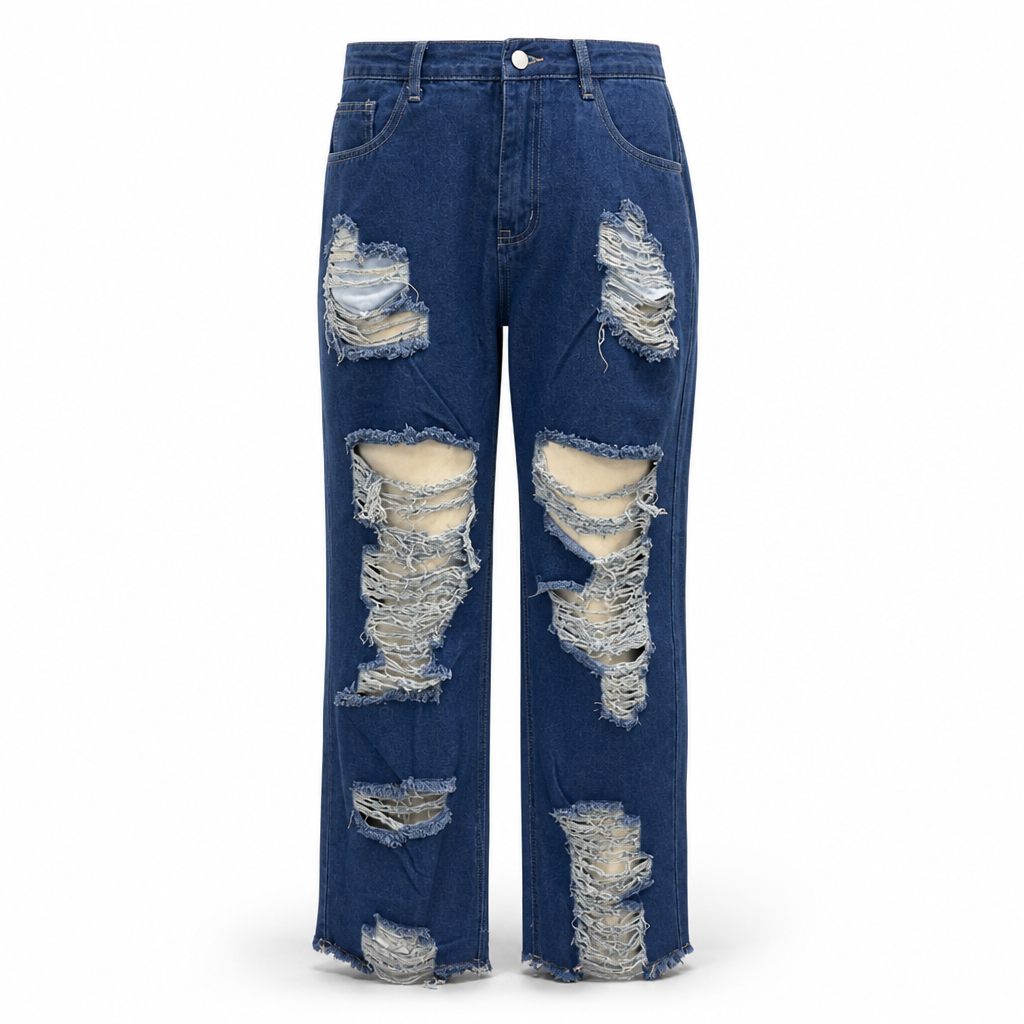 Jean en denim pour femme, à coupe droite, effet usé et déchiré