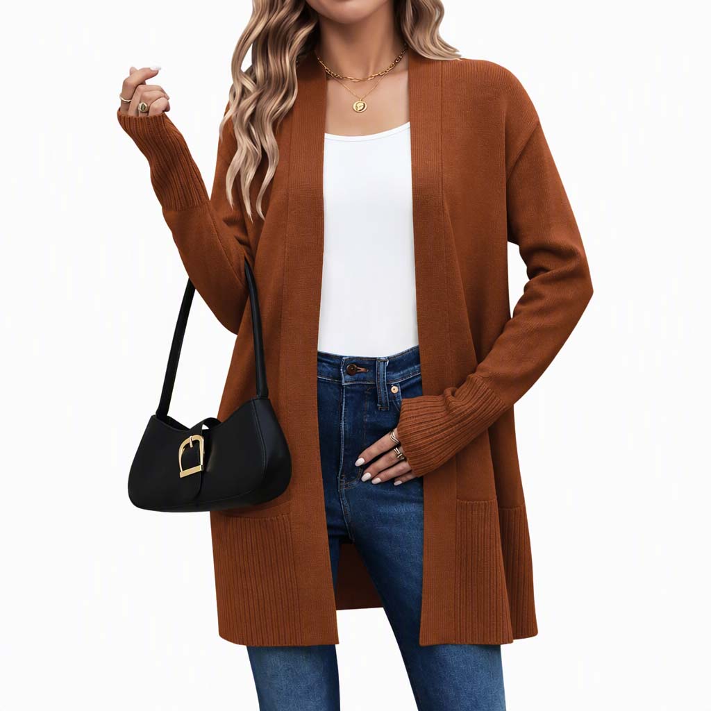 Gilet en maille femme mi-long à ouverture devant avec poignets côtes