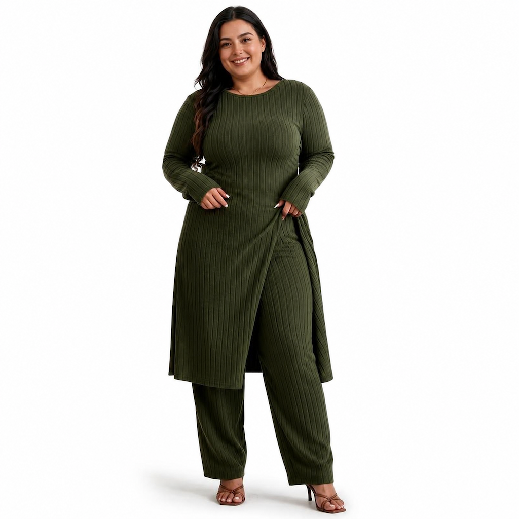 Ensemble deux pièces femme en maille côtelée, tunique à manches longues et haute fente et pantalon