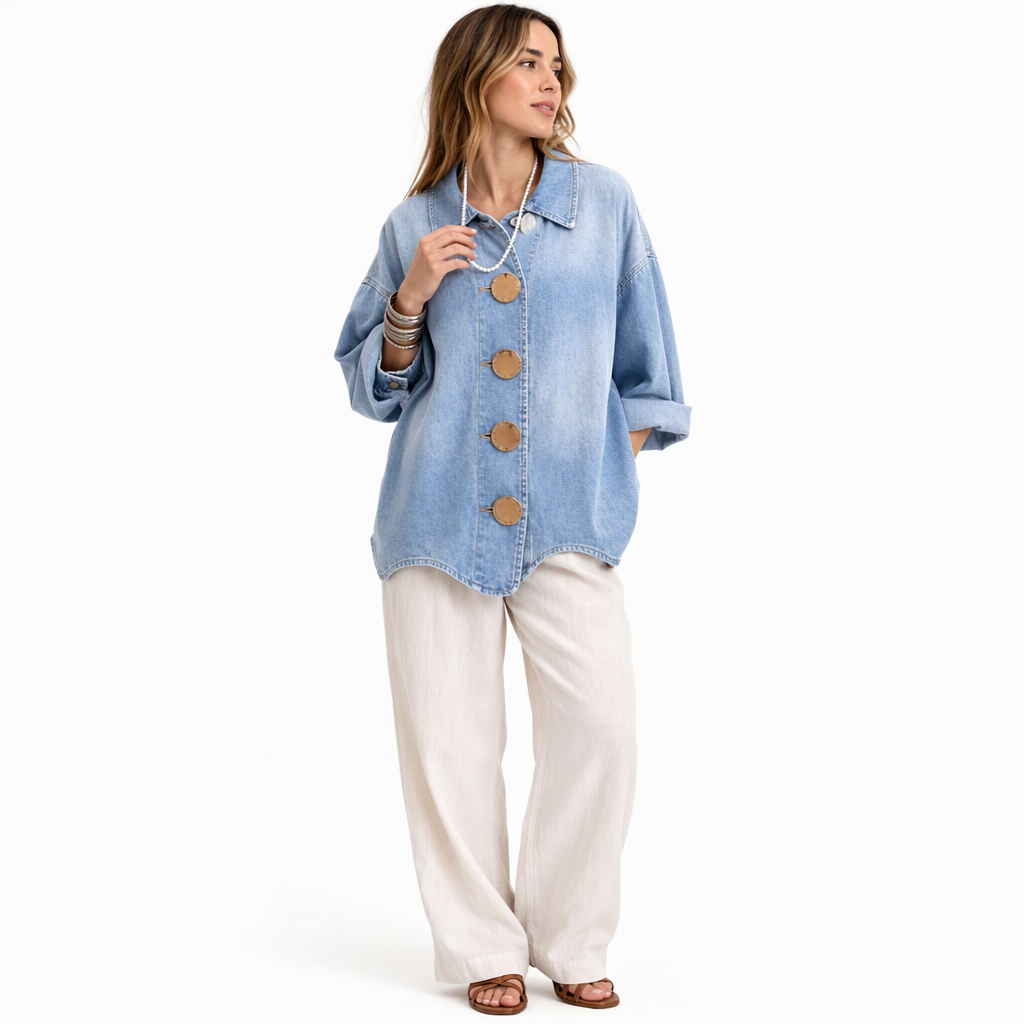 Manteau-chemise en jean Oversized délavé avec boutons dorés affirmés et manches lanternes