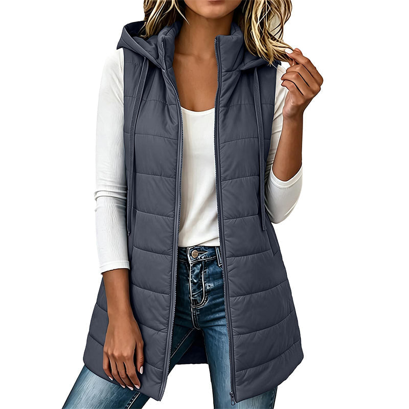 Gilet matelassé à capuche mi-long pour femme