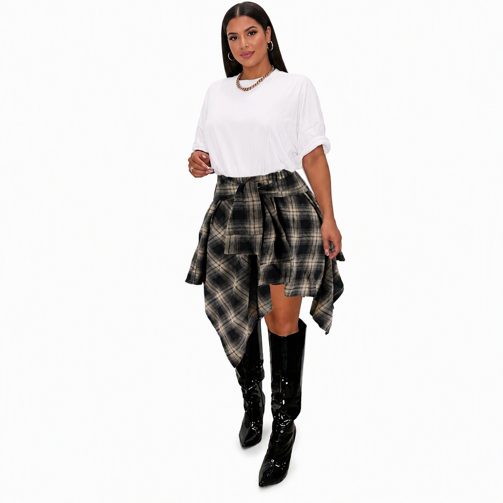 Jupe à carreaux patchwork asymétrique à taille haute pour femmes
