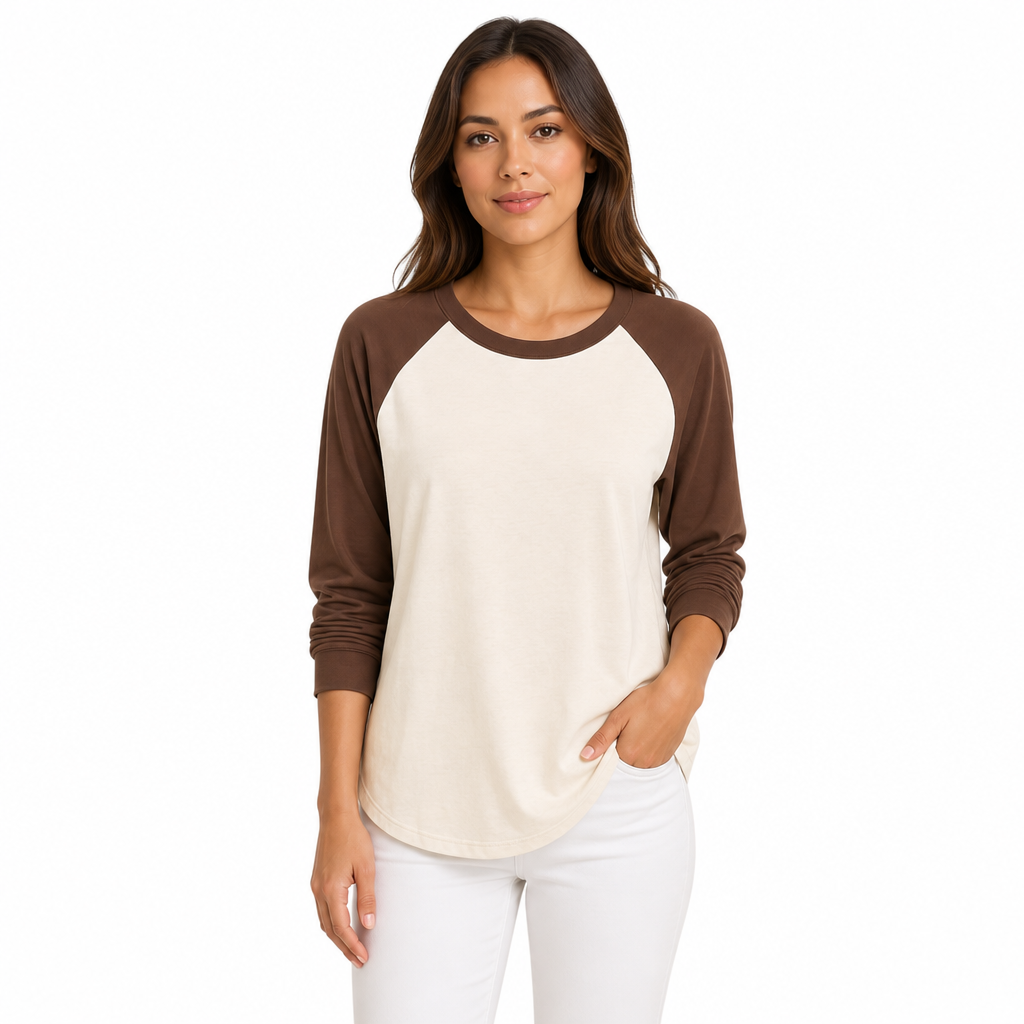 T-shirt décontracté à manches longues et col rond pour femme, haut à pull-over avec blocs de couleurs