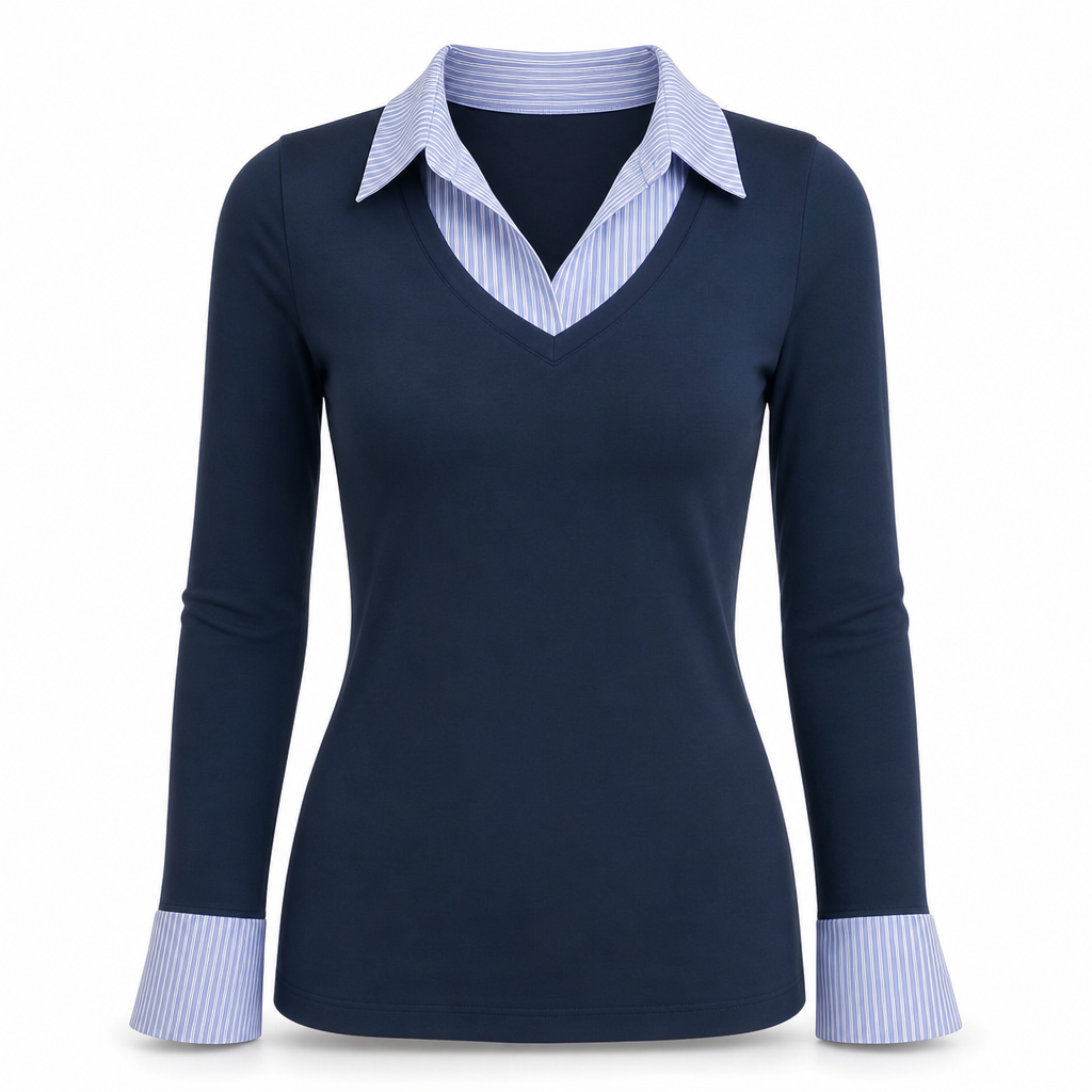 Pull en maille à rayures pour femmes, style préppy, effet deux pièces manches longues, ajusté, haut à enfiler
