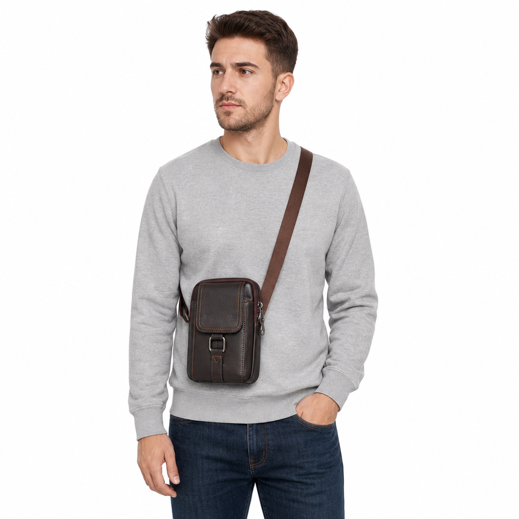 Étui ceinture pour téléphone portable en cuir véritable pour homme, holster multifonction avec passante de ceinture, mini pochette à bandoulière