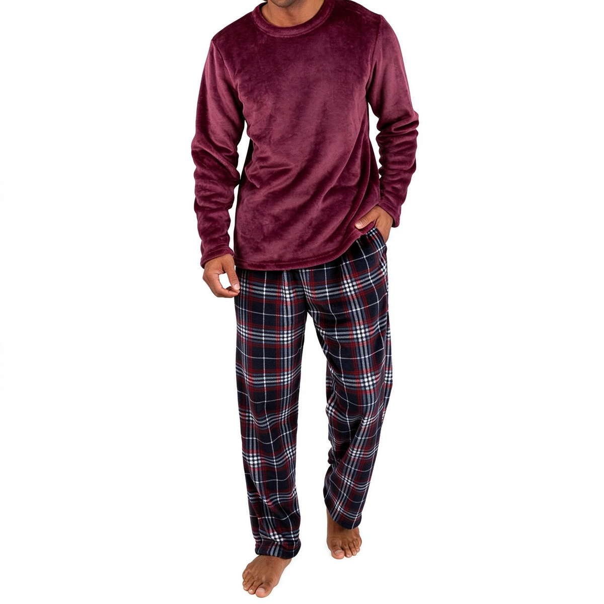 🚛 Livraison gratuite ⚡Ensemble Pyjama en Maille Douce et Moelleuse pour Homme, Haut Col Rond Uni et Pantalon à Carreaux