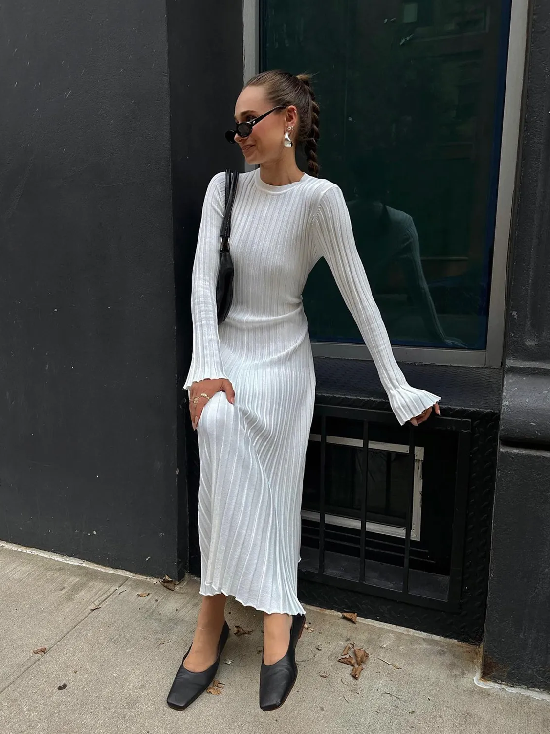 Robe Midi d'Automne en Tricot à Manches Longues