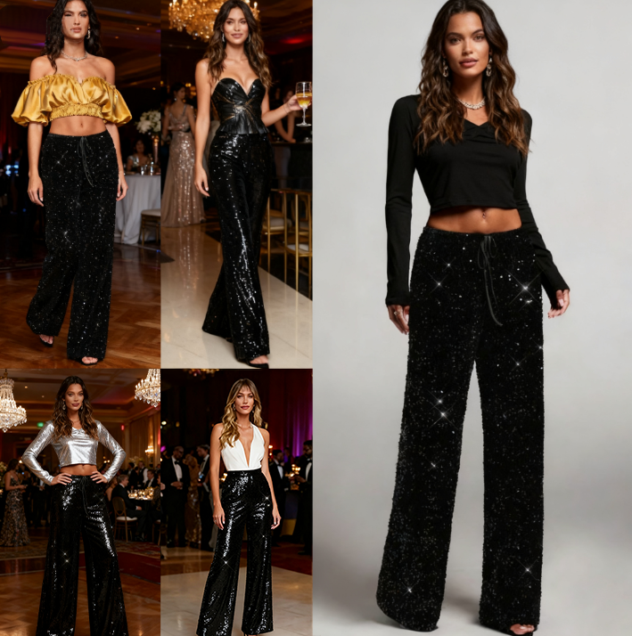📢📢50 % DE RÉDUCTION !!🎅Pantalon large à paillettes pour femme avec taille élastique