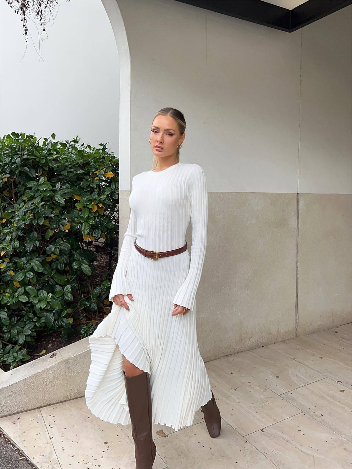 Robe Midi d'Automne en Tricot à Manches Longues