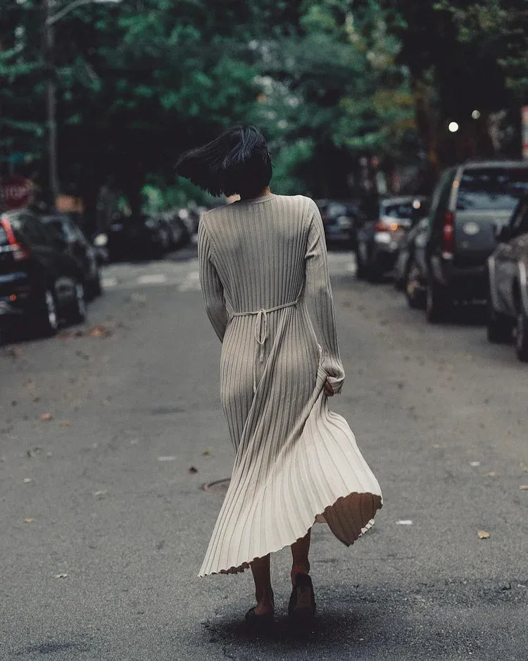 Robe Midi d'Automne en Tricot à Manches Longues