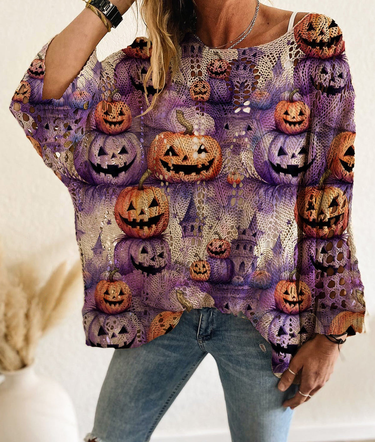 🎃Pull en maille ample à manches chauve-souris pour femme, thème Halloween🎁