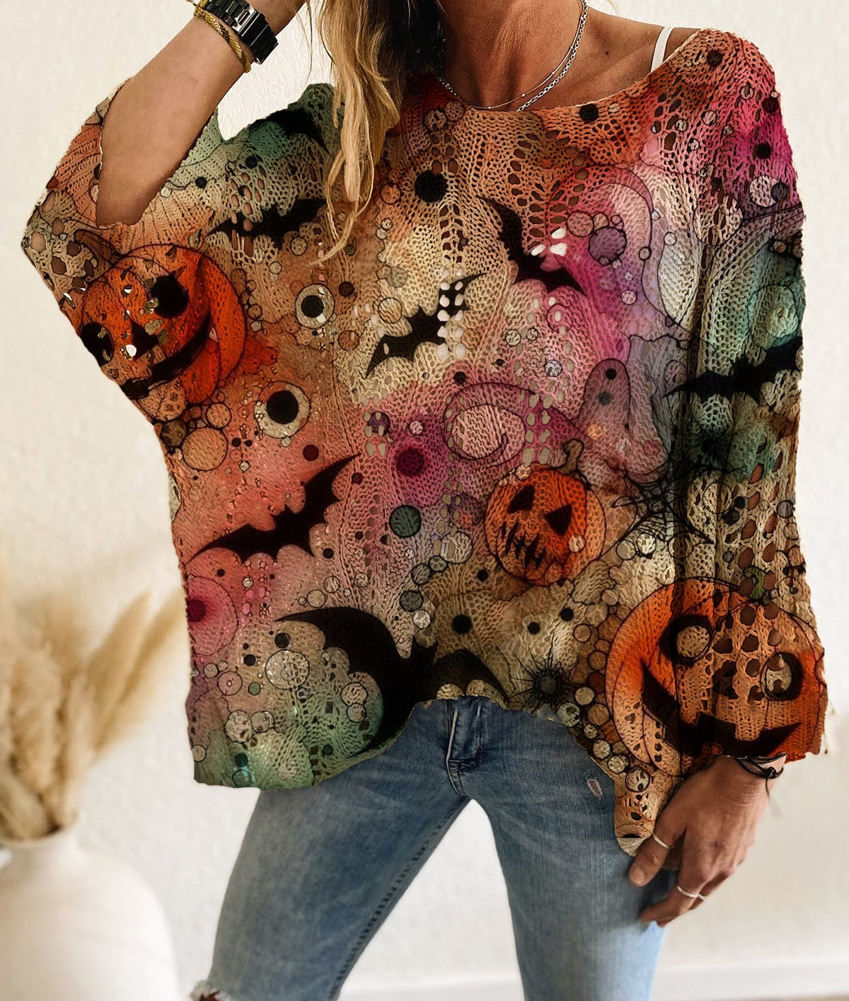 🎃Pull en maille ample à manches chauve-souris pour femme, thème Halloween🎁