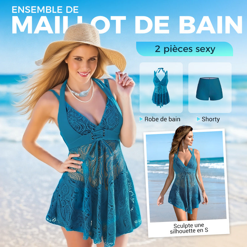 Maillot de bain deux pièces pour femme, col en V, bordure en dentelle et shorty